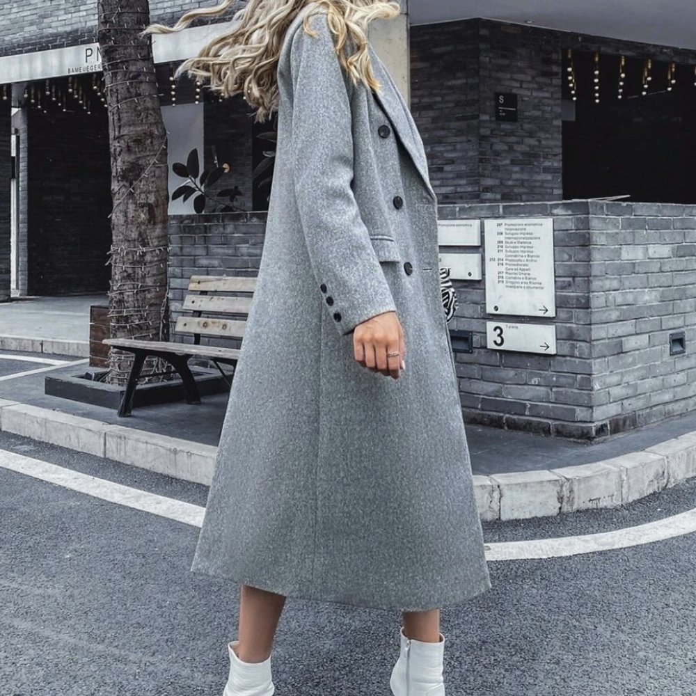 Gray double breasted long pea coat winter jacket - Picture 5 of 5